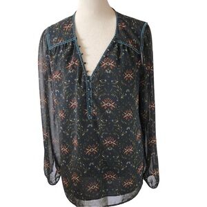 Pale Sky Dark Floral Pullover Top Women M Teal with Orange Flowers Lined